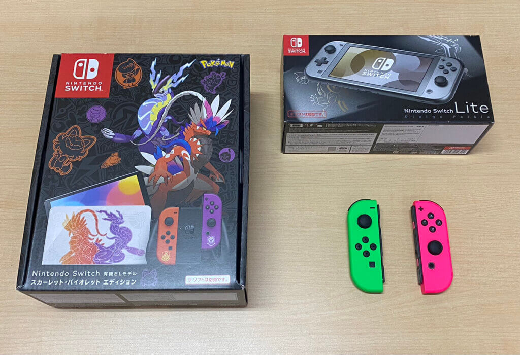 Switch Lite ディアルガ・パルキア本体、Switch（有機ELモデル）スカーレット・バイオレットエディション本体、コントローラーを計4点買取しました！