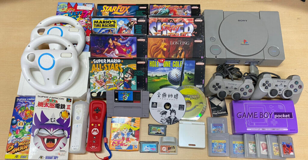 PS1 本体、Wii 本体、ゲームボーイpocket 本体、ゲームボーイアドバンスSP 本体、コントローラー、周辺機器、ソフトを計36点買取しました！