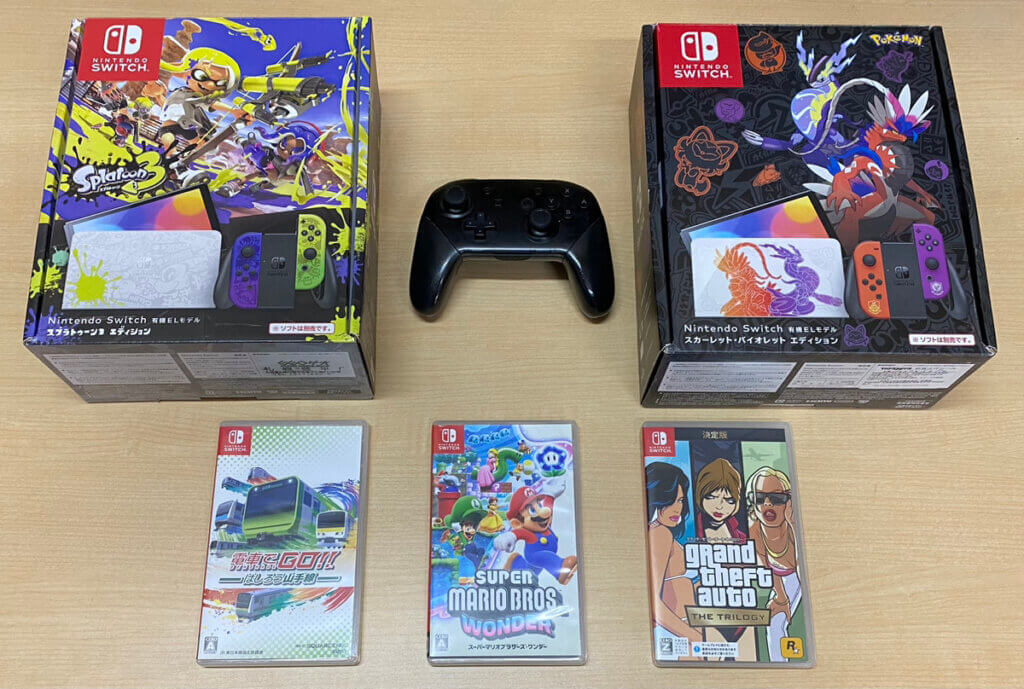 Switch 本体（有機EL）スプラトゥーン3エディション、Switch 本体（有機EL）スカーレット・バイオレットエディション、コントローラー、ソフトを計6点買取しました！