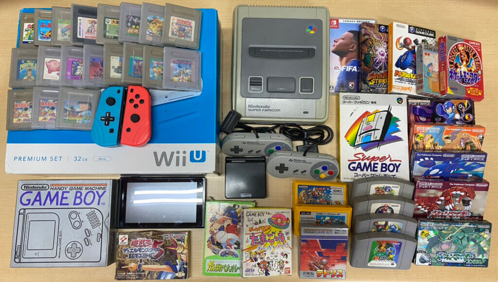 ゲームボーイ 本体、ゲームボーイアドバンスSP 本体、スーパーファミコン 本体、Wii U 本体、Switch 本体、コントローラー、ソフトを計48点買取しました！